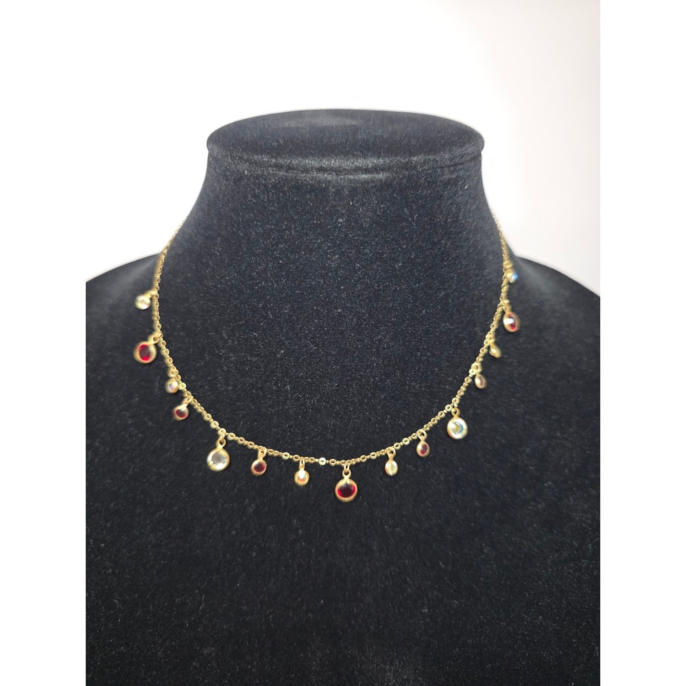 Gold Tone Multi Color Rhinestone Fringe Station Necklace Dainty Boho 18 Inch